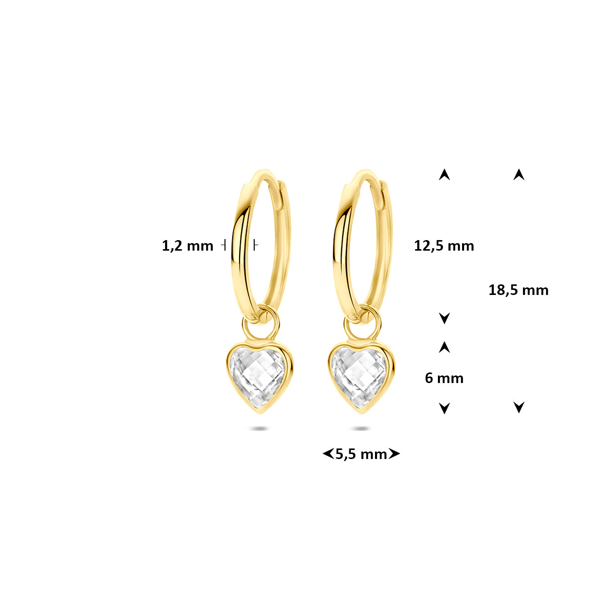 Oorringen met hartje: afmetingen van de 14 karaat geelgouden oorringen met hartje van zirkonia, 18,5 mm hoog en 12,5 mm doorsnee.