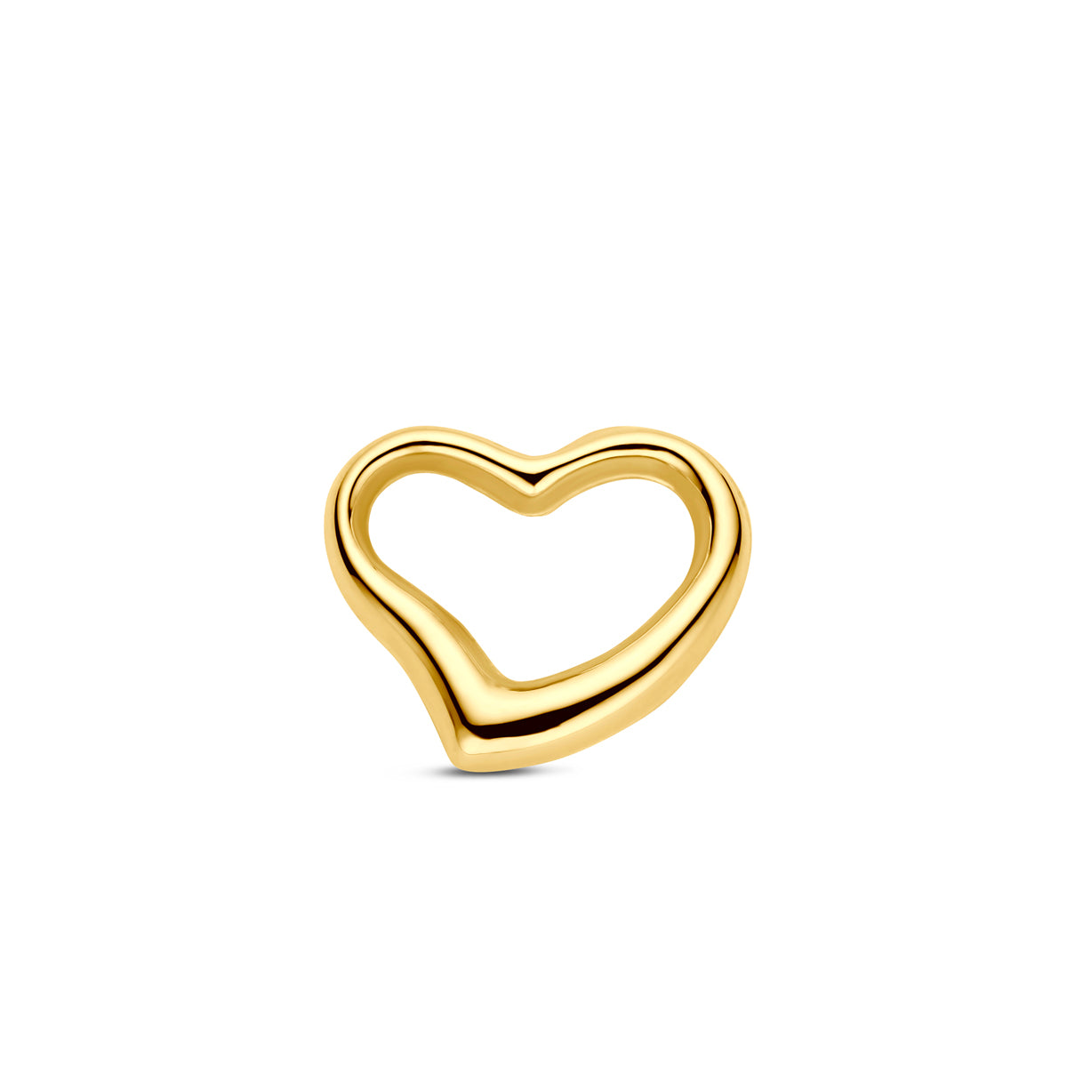 Vooraanzicht van de 14 karaat geelgouden open hartje hanger, 10 mm hoog en 11,5 mm breed.