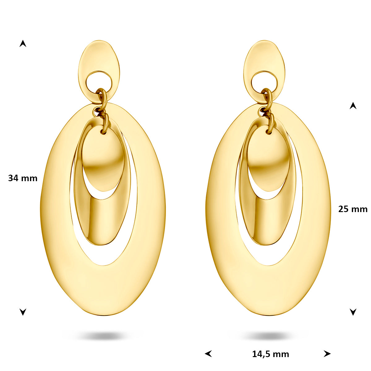 Gouden oorhangers: afmetingen van de 14 karaat geelgouden open ovale oorhangers, 34,0 mm hoog en 14,5 mm breed.