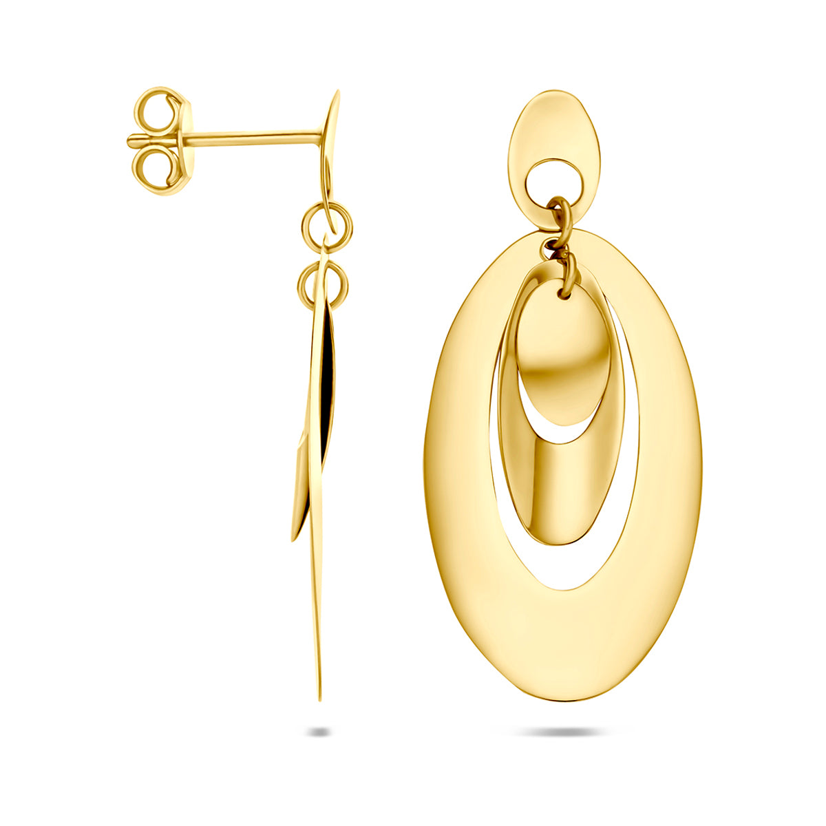 Gouden oorhangers: voor- en zijaanzicht van de 14 karaat geelgouden open ovale oorhangers.
