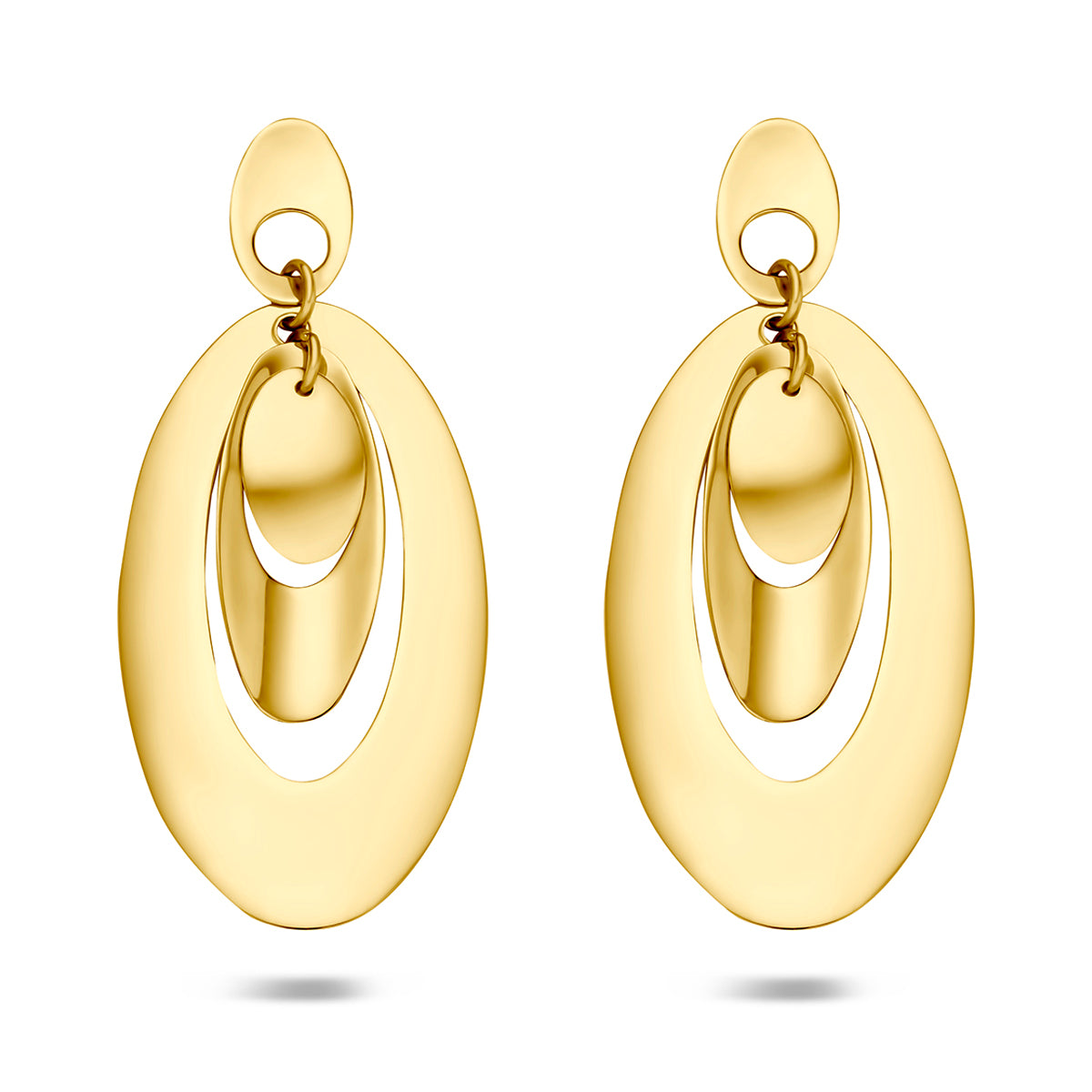 Gouden oorhangers: vooraanzicht van de 14 karaat geelgouden open ovale oorhangers.