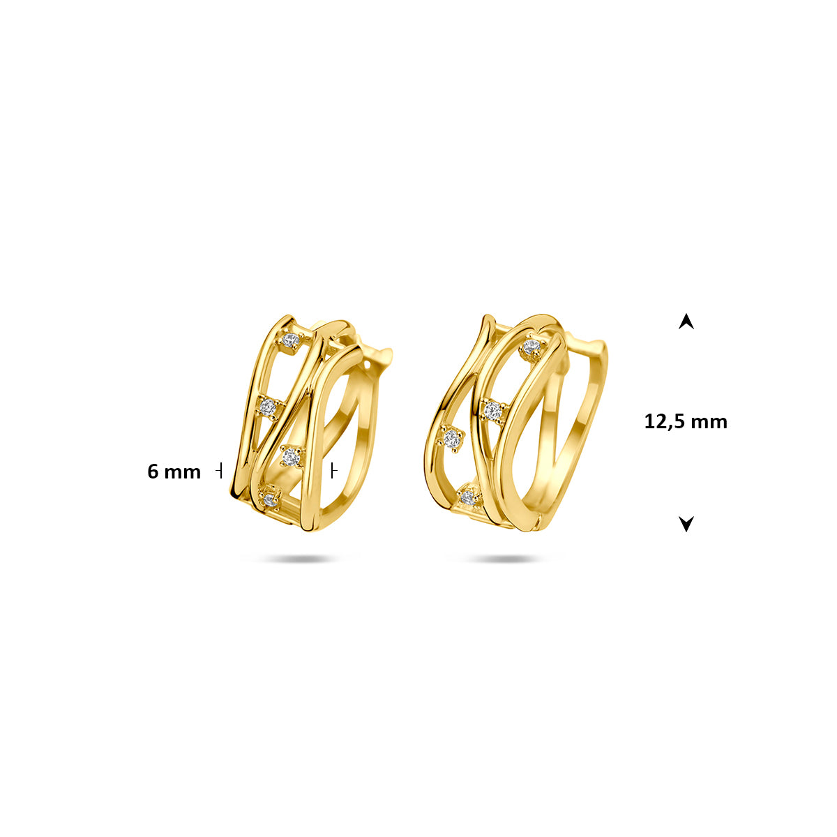 Gouden oorringen met zirkonia: afmetingen van de 14 karaat geelgouden opengewerkte klapoorringen met zirkonia, 12,5 mm doorsnee en 6,0 mm breed.