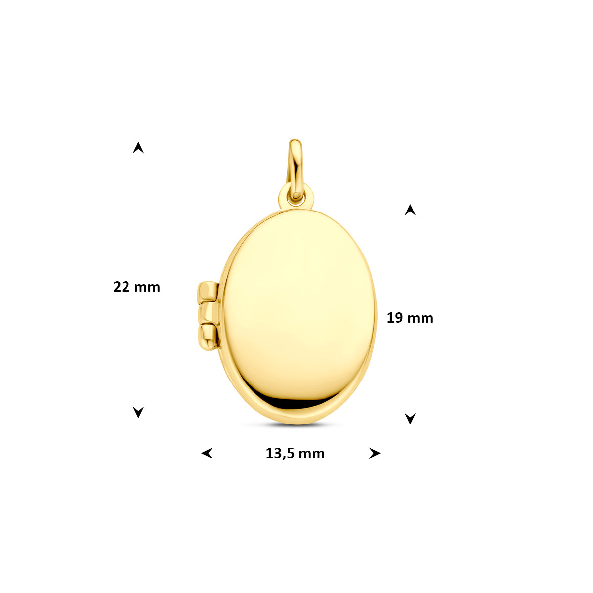 Technische afbeelding van de 14 karaat geelgouden ovaal medaillon met afmetingen, 22 mm hoog en 13,5 mm breed.