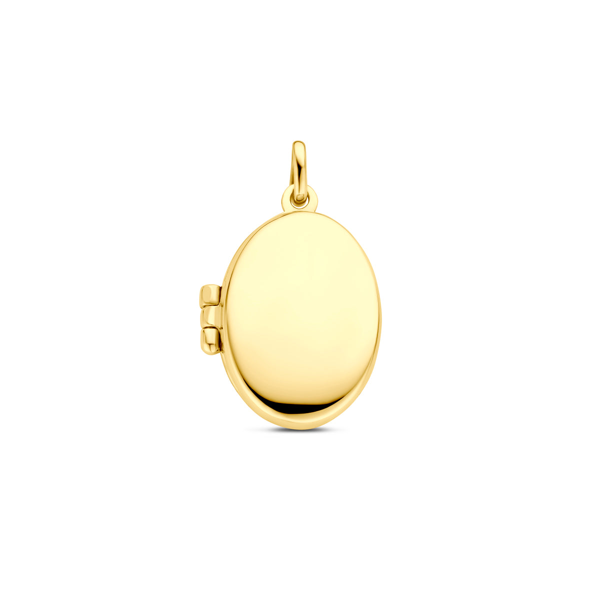 Vooraanzicht van de 14 karaat geelgouden ovaal medaillon, 22 mm hoog en 13,5 mm breed.