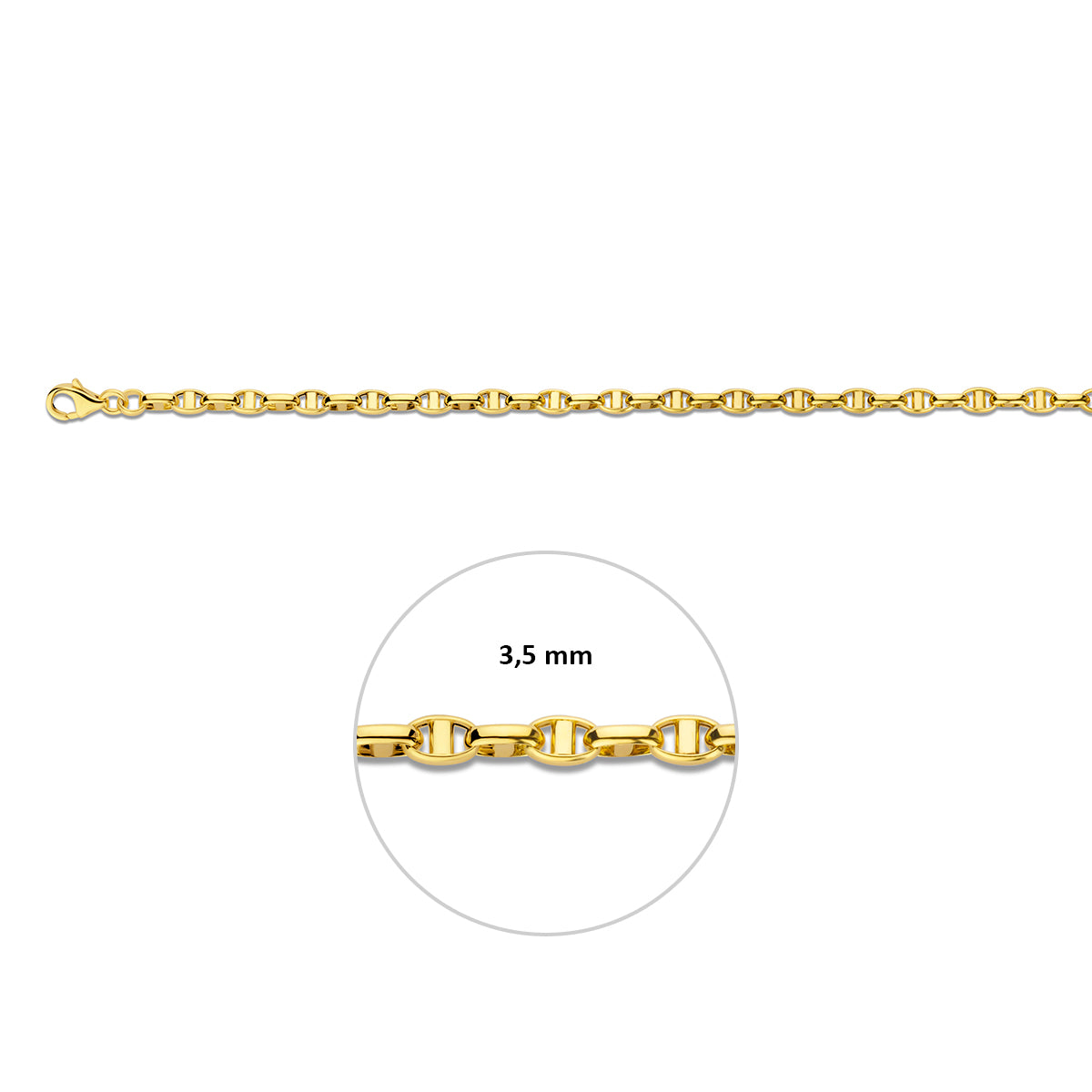 Gouden jasseron ketting: 14 karaat geelgouden ovale jasseron halsketting met balkje, met de schakelbreedte van 3,5 mm aangegeven