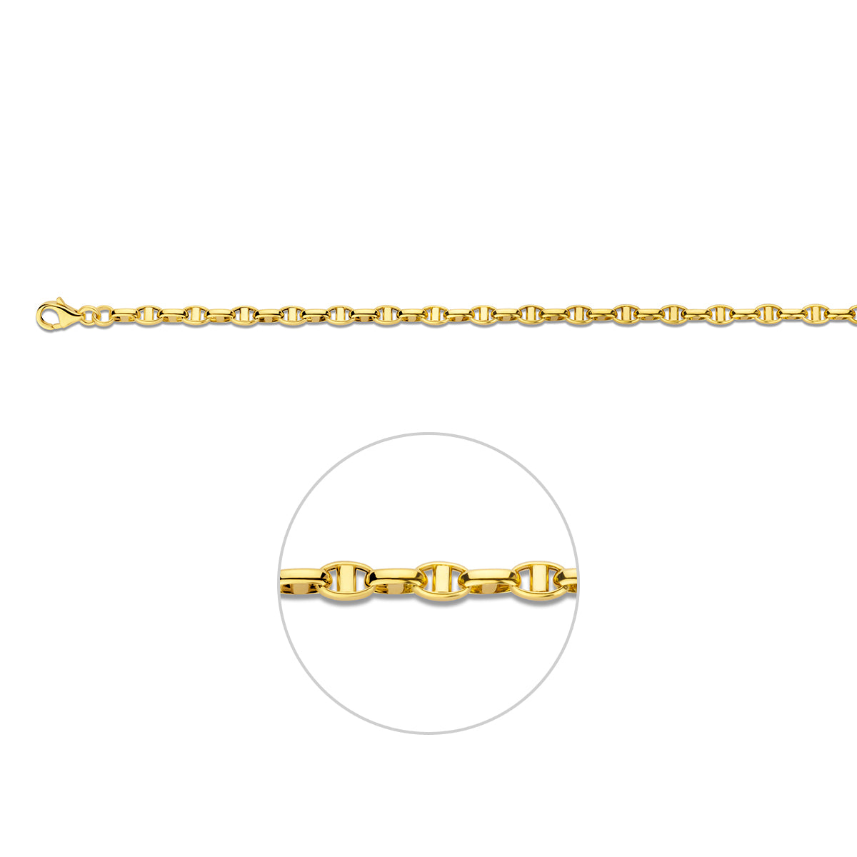 Gouden jasseron ketting: 14 karaat geelgouden ovale jasseron halsketting met balkje van 3,5 mm breed, vooraanzicht