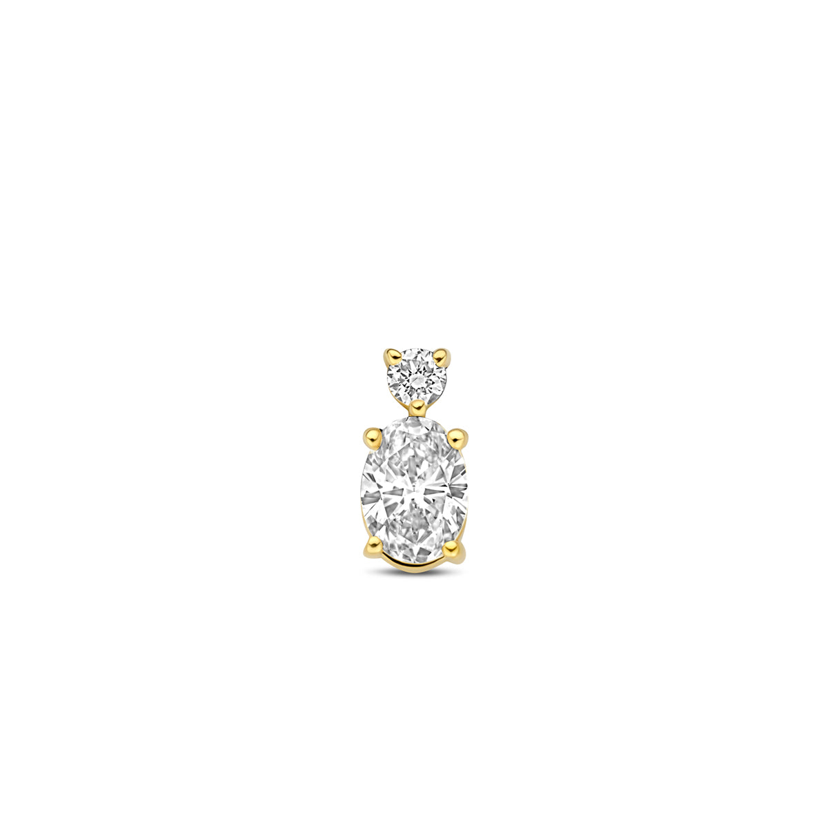 Vooraanzicht van de 14 karaat geelgouden ovale lab grown diamant hanger 0,33 ct, 8 mm hoog en 4 mm breed.