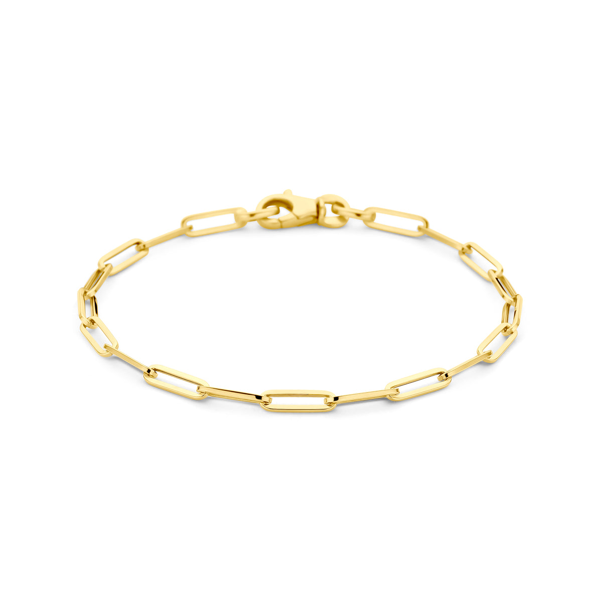 Vooraanzicht van de 14 karaat geelgouden paperclip armband van 3 mm, 18 cm lang.