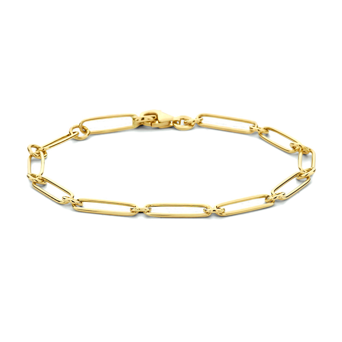 Vooraanzicht van de 14 karaat geelgouden paperclip armband van 4 mm, 19 cm lang.