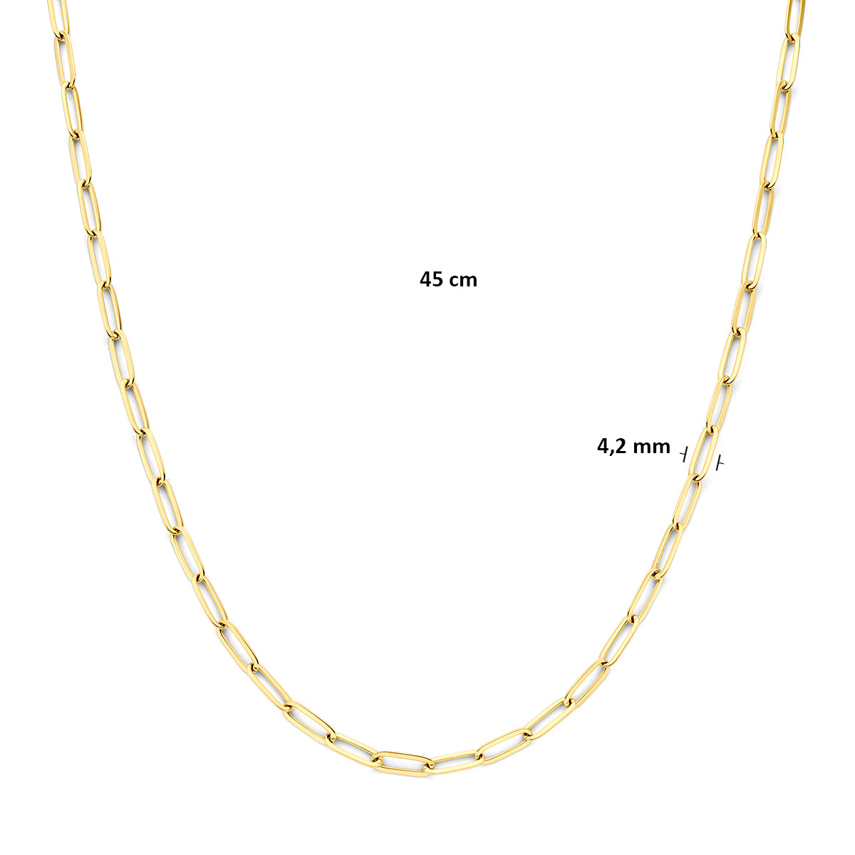 Paperclip ketting: afmetingen van de 14 karaat geelgouden paperclip ketting, schakel van 4,2 mm breed en lengte 45 cm.