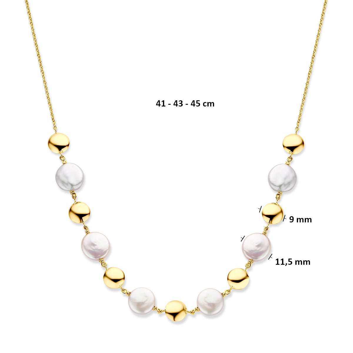 Parelketting goud: afmetingen van de 14 karaat geelgouden parelketting, lengte 41 - 43 - 45 cm (verstelbaar).