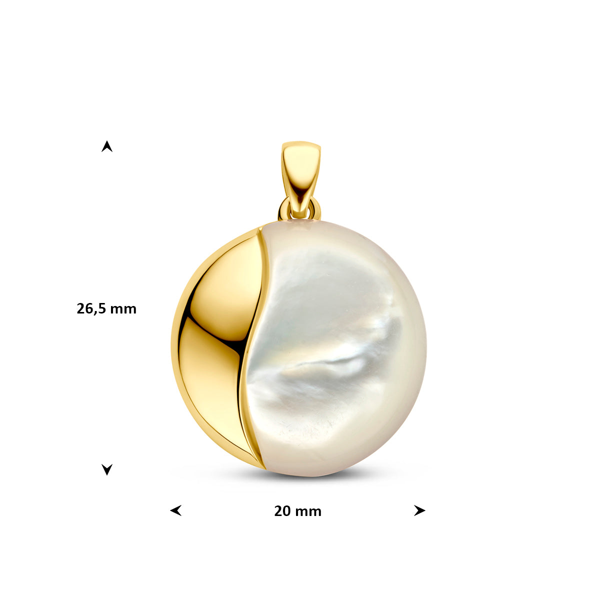 Technische afbeelding van de 14 karaat geelgouden parelmoer hanger met afmetingen, 20 mm doorsnede.