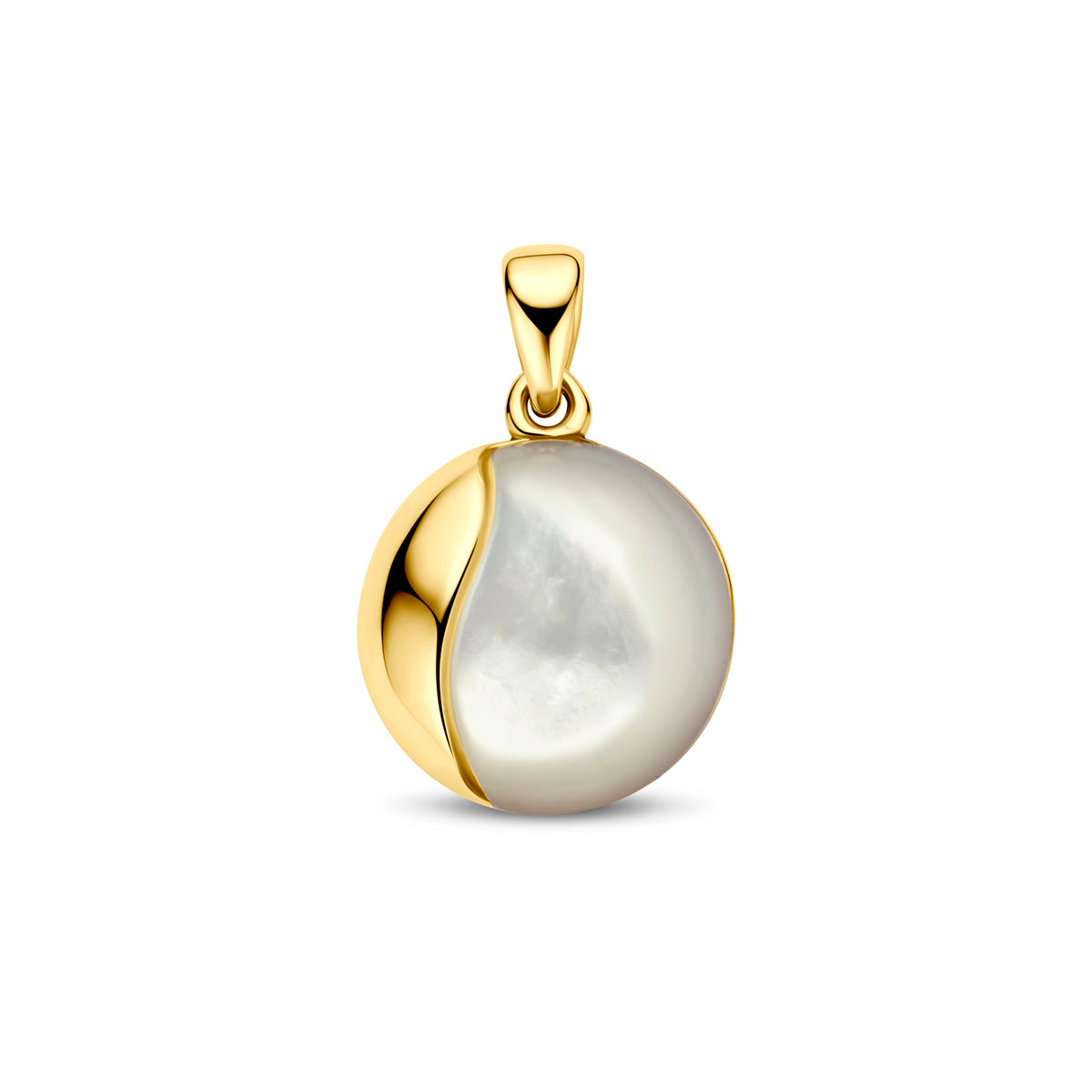 Vooraanzicht van de 14 karaat geelgouden parelmoer hanger klein, 14 mm doorsnede.