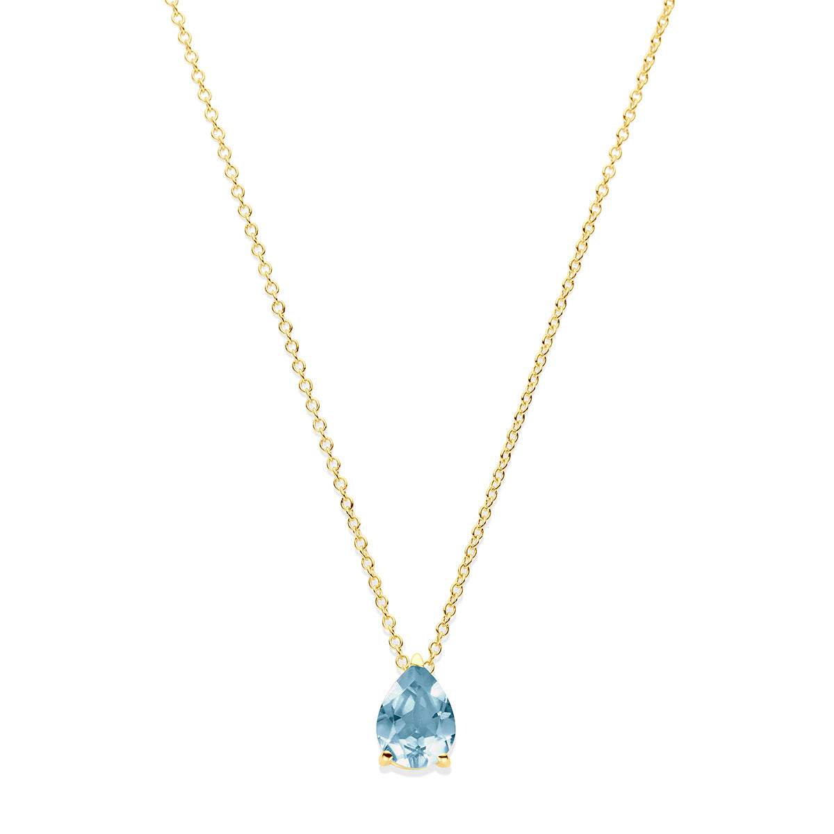 Vooraanzicht van de 14 karaat geelgouden peervormige blauwe topaas ketting, 9 mm hoog en 6 mm breed.