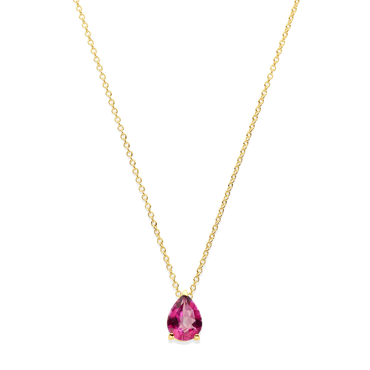 Vooraanzicht van de 14 karaat geelgouden peervormige roze topaas ketting, 9 mm hoog en 6 mm breed.