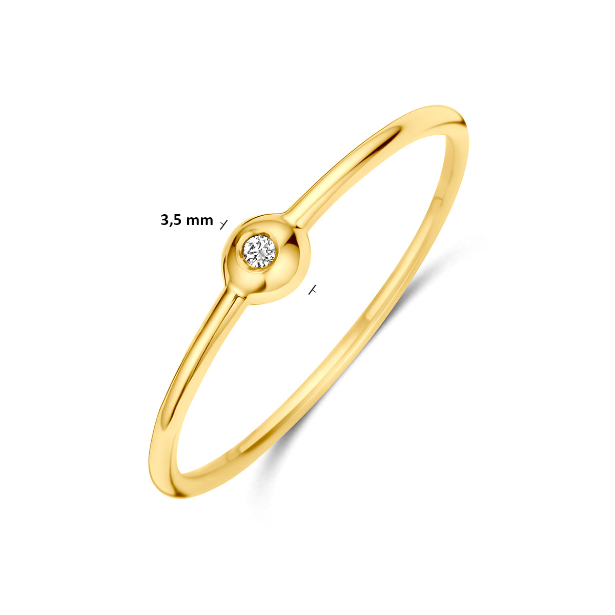 Solitair ring goud: schuin bovenaanzicht met afmetingen van de 14 karaat geelgouden ring met diamant 0,009 ct, 3,5 mm breed.