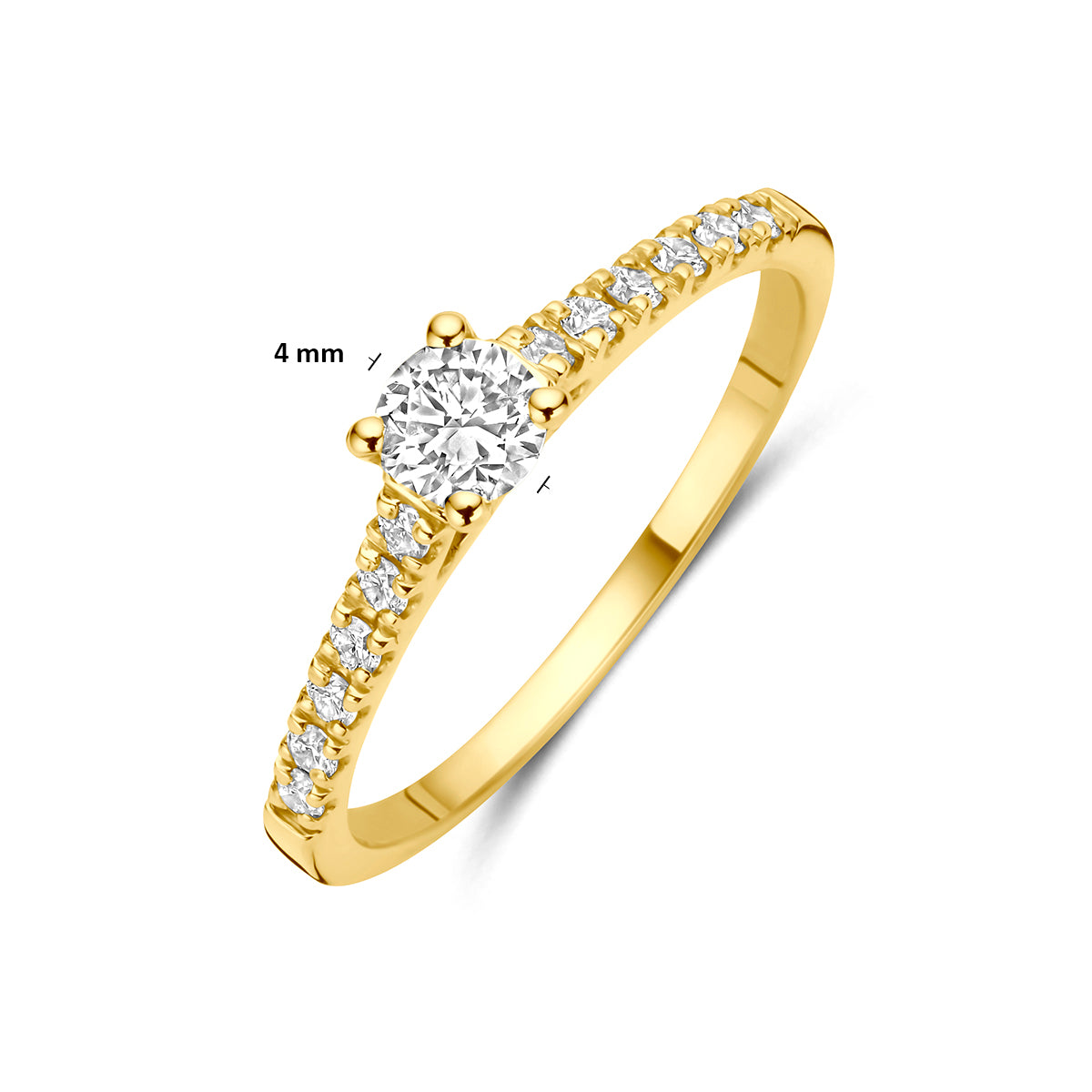 Lab grown diamant ring: schuin bovenaanzicht met afmetingen van de 14 karaat geelgouden ring met lab grown diamant 0,43 ct.