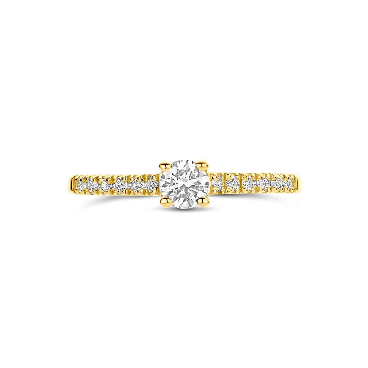 Lab grown diamant ring: bovenaanzicht van de 14 karaat geelgouden ring met lab grown diamant 0,43 ct.