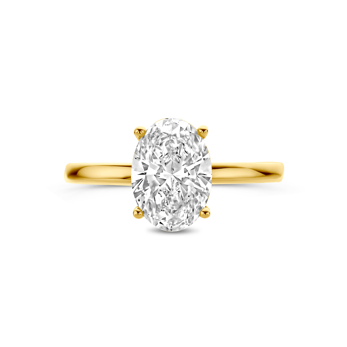Lab grown diamant ring: bovenaanzicht van de 14 karaat geelgouden ring met ovale lab grown diamant 2,09 ct.
