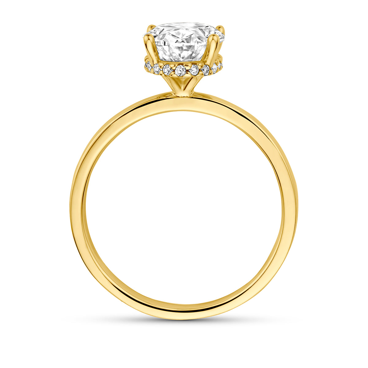 Lab grown diamant ring: zijaanzicht van de 14 karaat geelgouden ring met ovale lab grown diamant 2,09 ct.