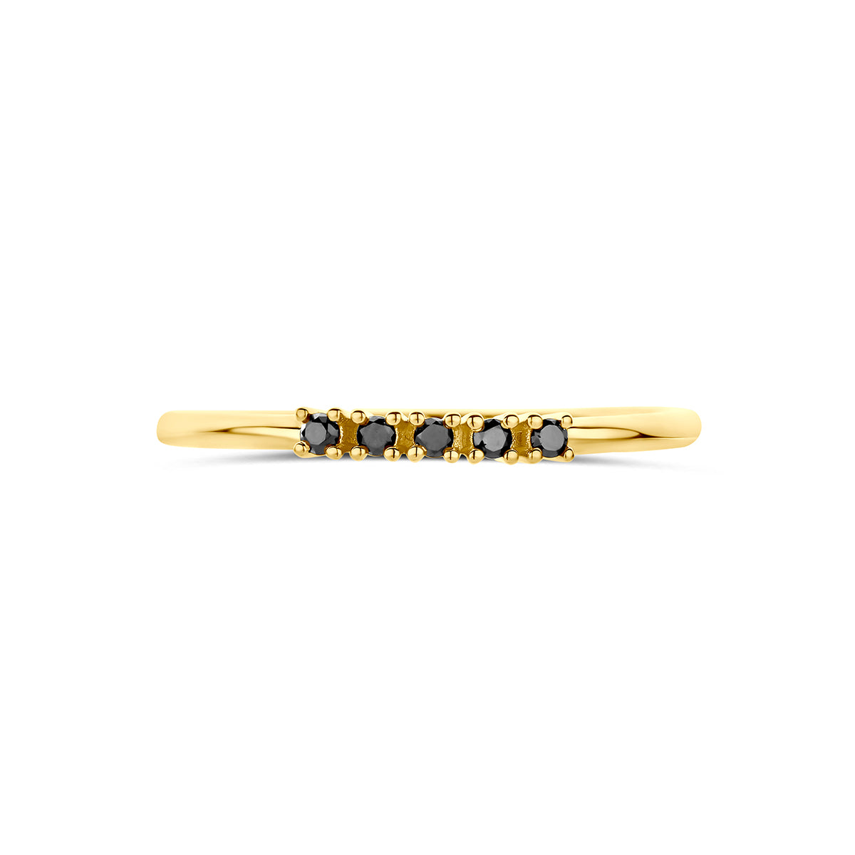 Zwarte diamant ring: bovenaanzicht van de 14 karaat geelgouden ring met zwarte diamant 0,07 ct.