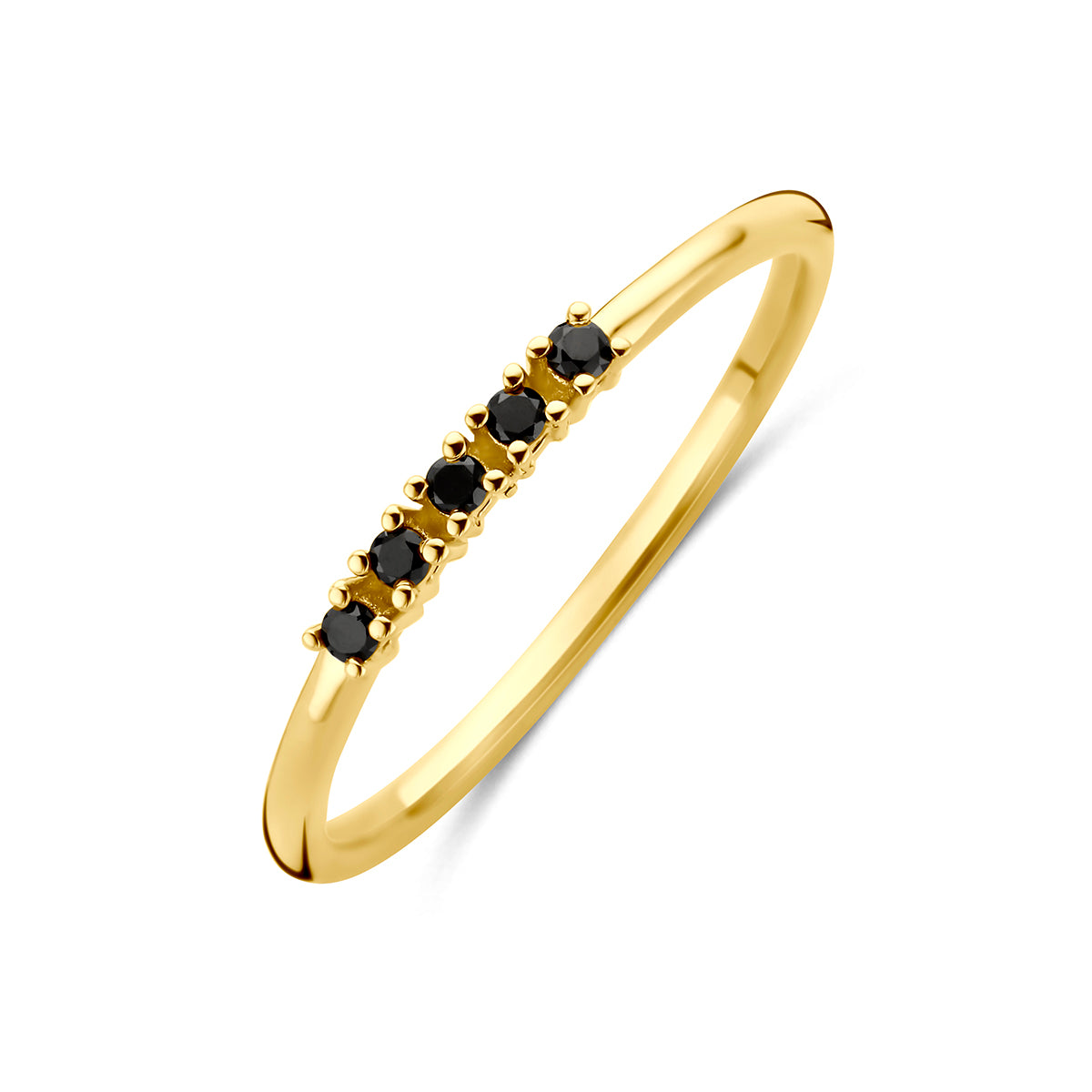 Zwarte diamant ring: schuin bovenaanzicht van de 14 karaat geelgouden ring met zwarte diamant 0,07 ct.