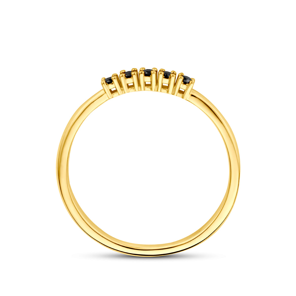 Zwarte diamant ring: zijaanzicht van de 14 karaat geelgouden ring met zwarte diamant 0,07 ct.