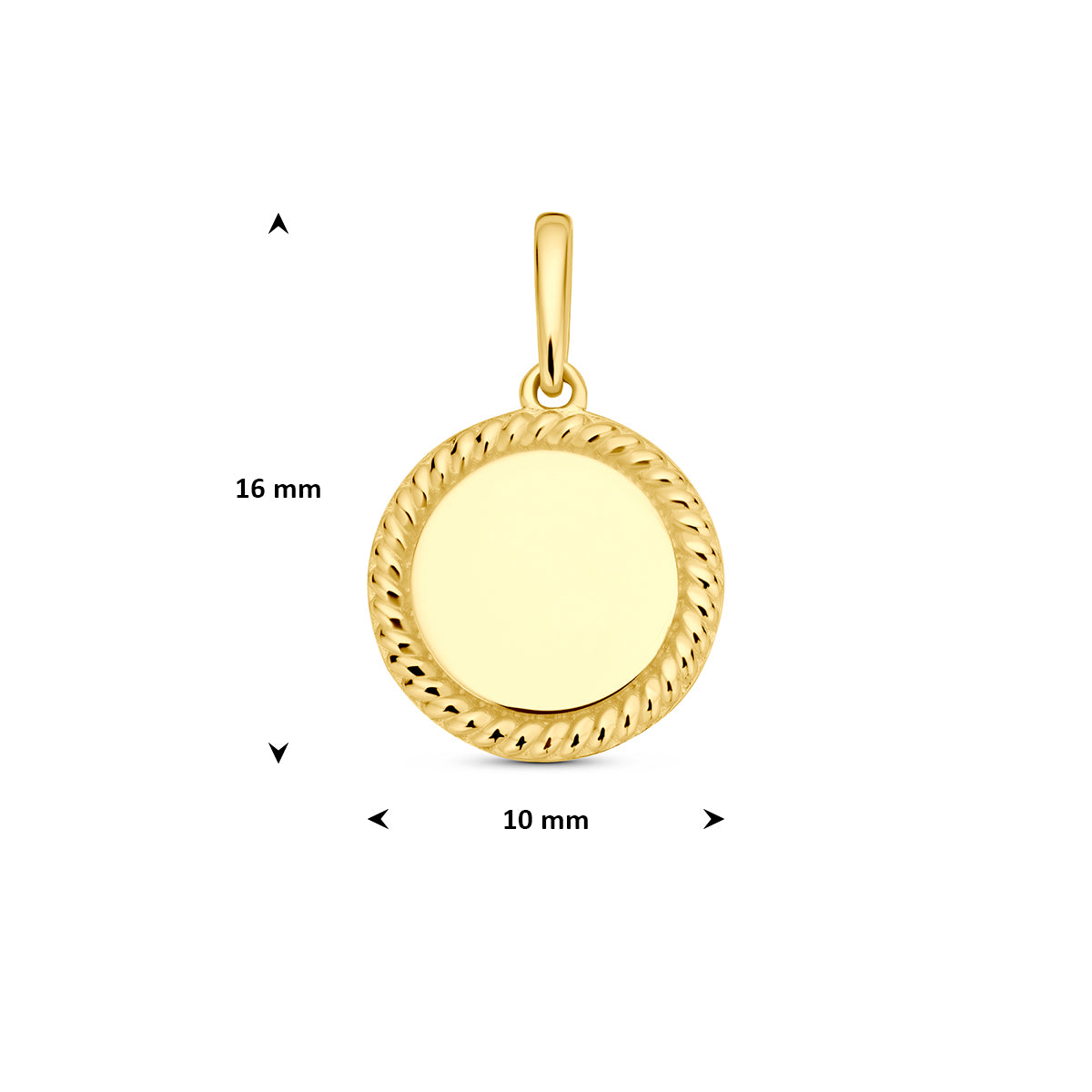 Gouden graveerhanger: afmetingen van de 14 karaat geelgouden ronde graveerhanger, 16 mm hoog inclusief oog en 10 mm doorsnee.