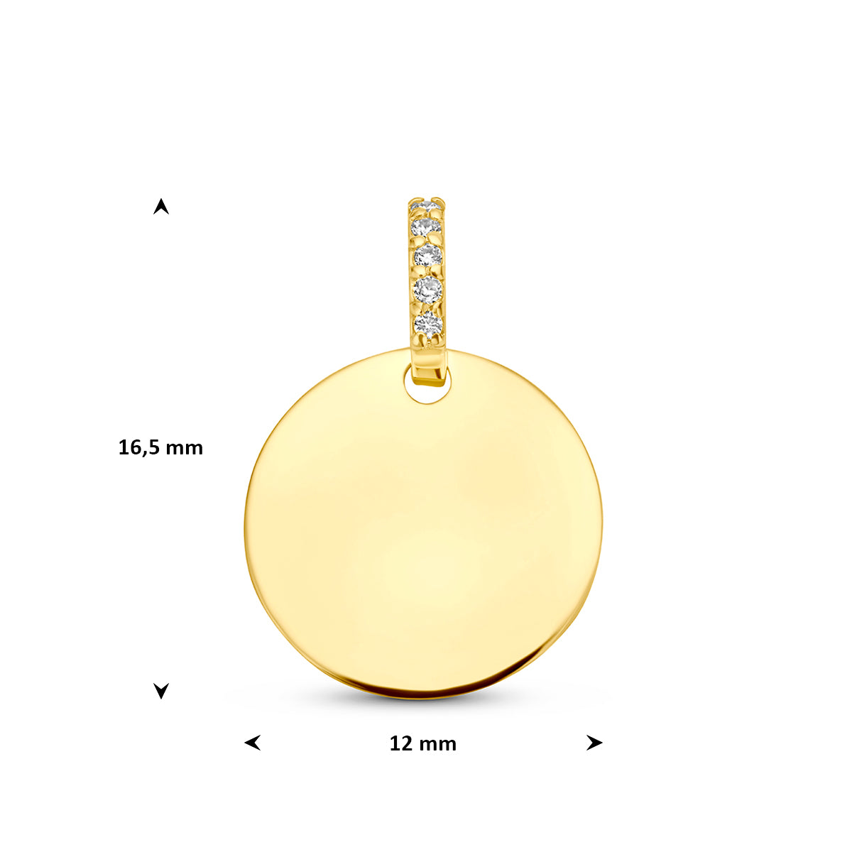 Gouden graveerhanger: afmetingen van de 14 karaat geelgouden ronde graveerhanger met diamant 0,02 ct, 16,5 mm hoog inclusief oog en 12,0 mm doorsnee.