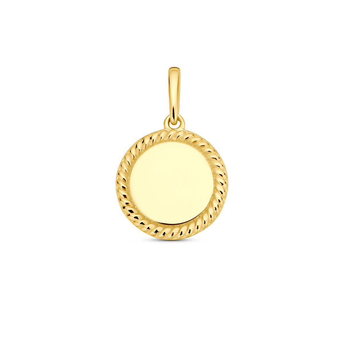 Gouden graveerhanger: vooraanzicht van de 14 karaat geelgouden ronde graveerhanger.