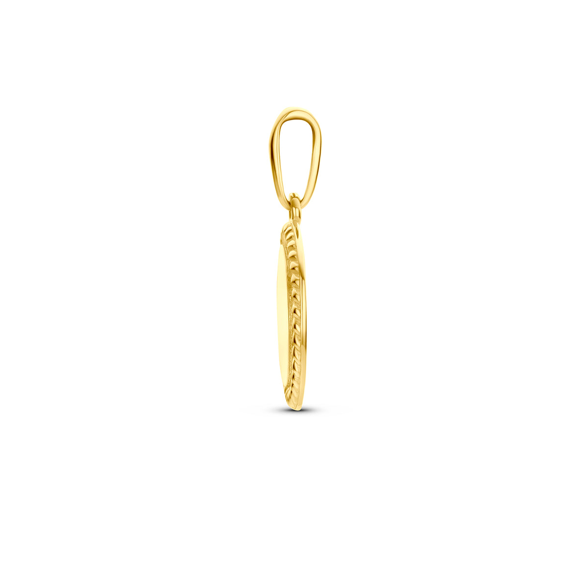 Gouden graveerhanger: zijaanzicht van de 14 karaat geelgouden ronde graveerhanger.