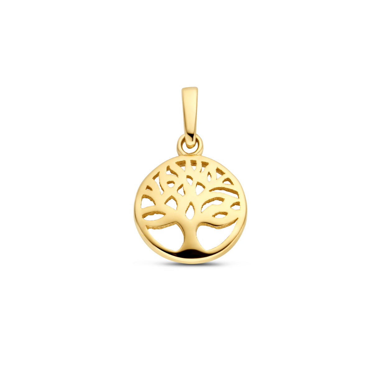 Vooraanzicht van de 14 karaat geelgouden ronde levensboom hanger, 15 mm hoog en 9 mm doorsnede.