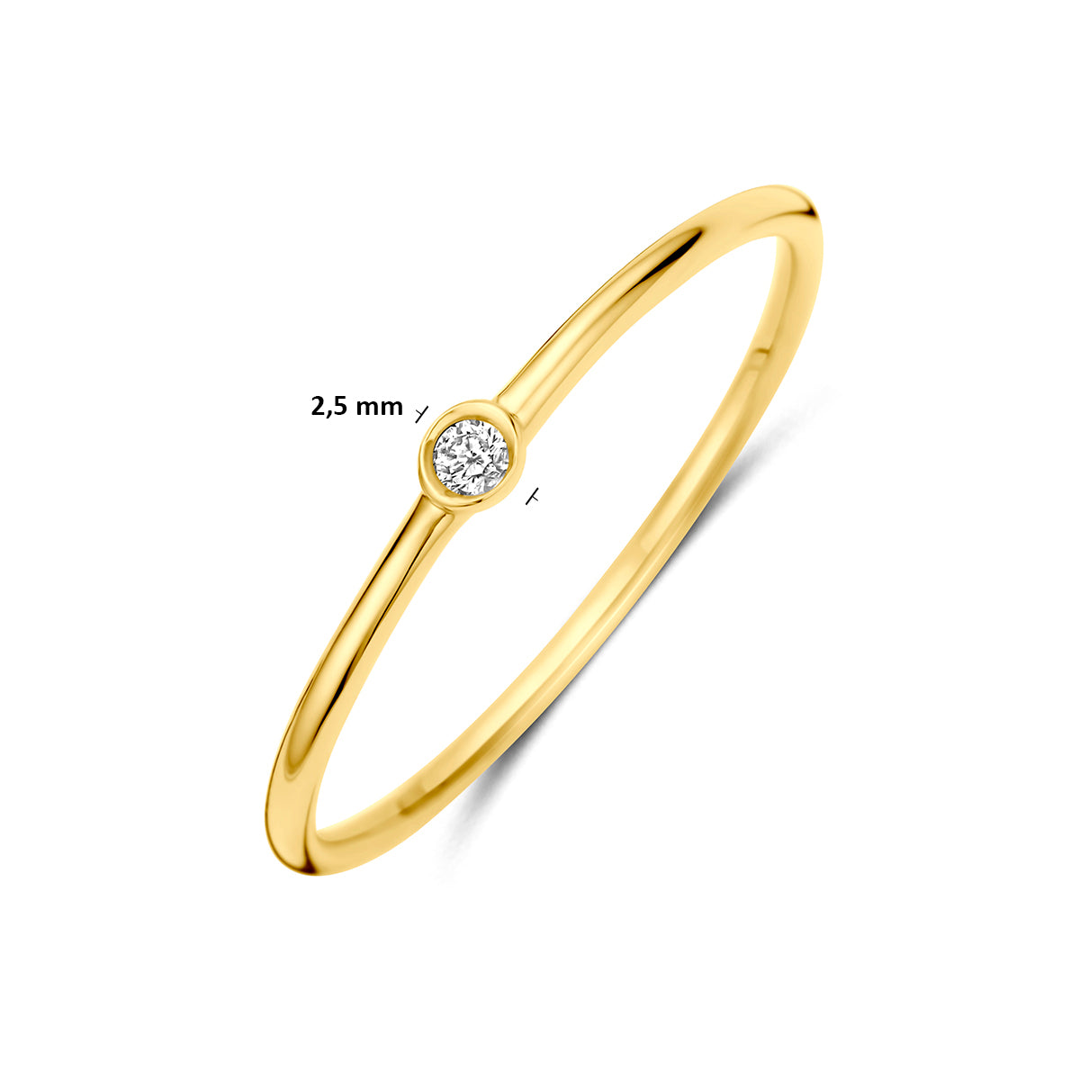 Gouden ring met diamant: schuin bovenaanzicht met afmetingen van de 14 karaat geelgouden smalle ring met diamant 0,022 ct, 2,5 mm breed.