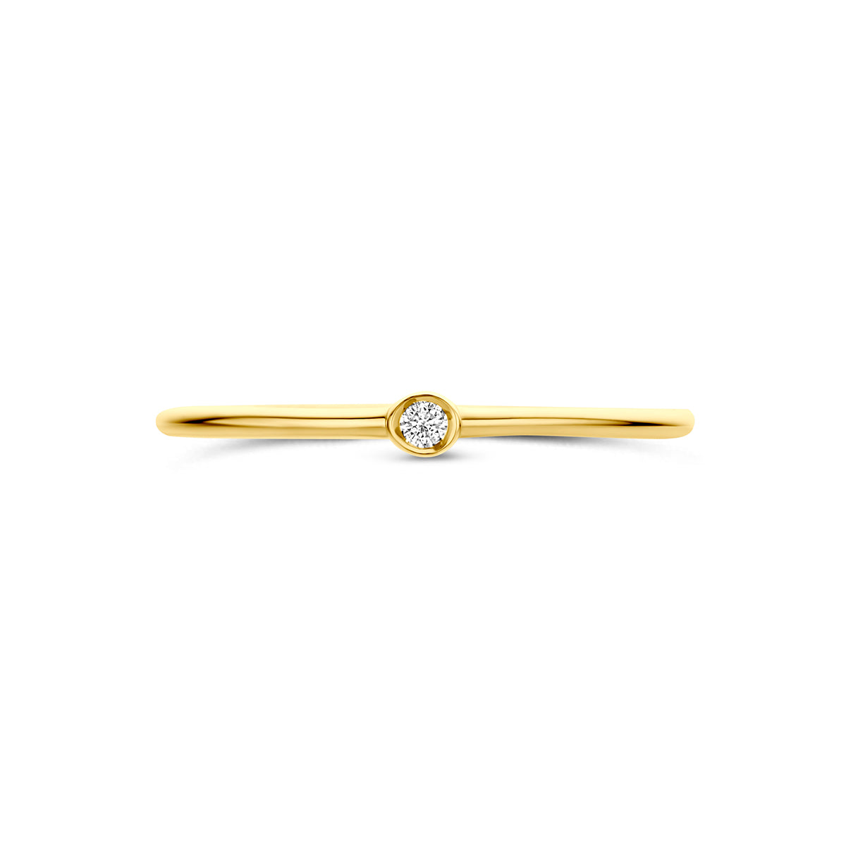 Gouden ring met diamant: bovenaanzicht van de 14 karaat geelgouden smalle ring met diamant 0,022 ct.