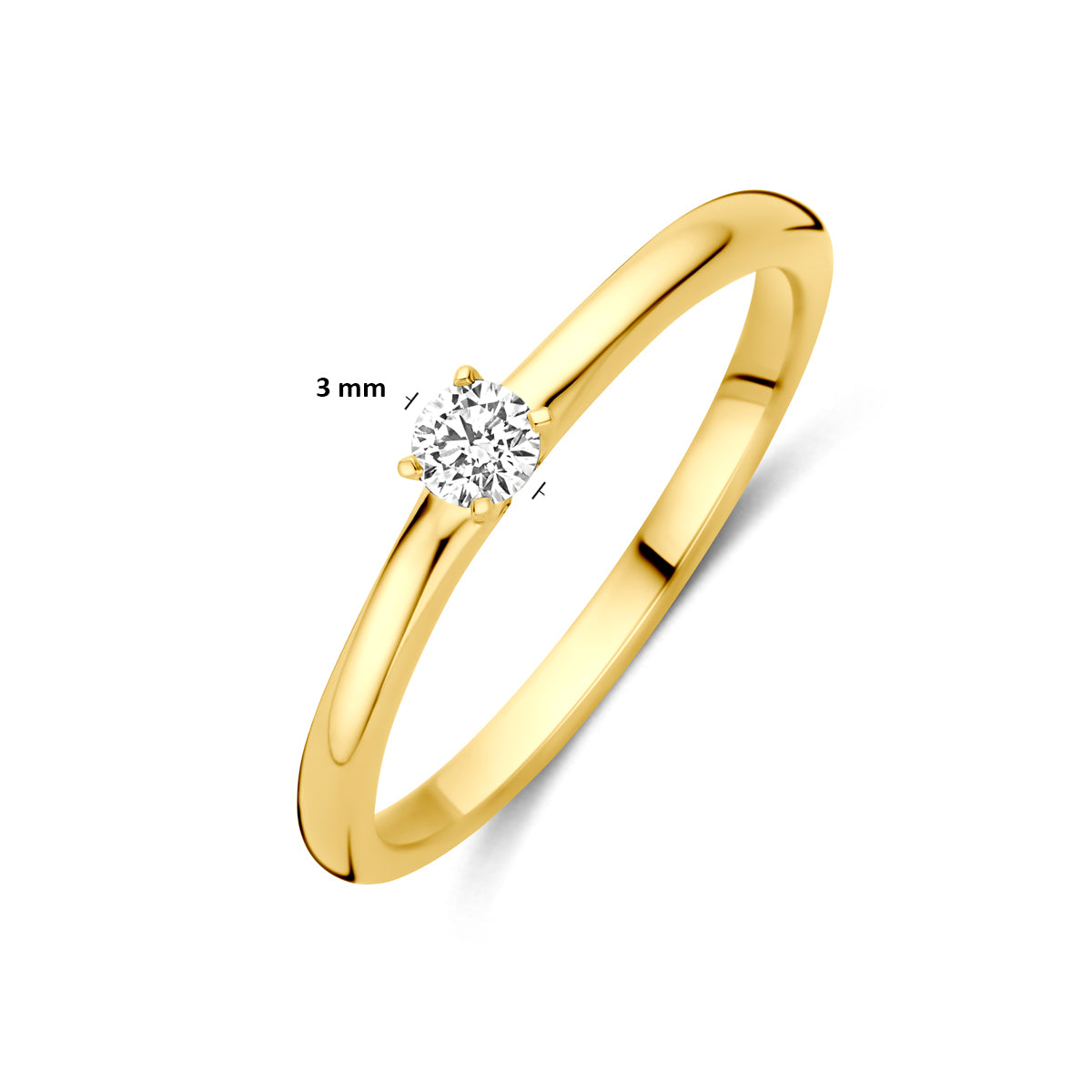 Technische afbeelding van de 14 karaat geelgouden solitair ring met lab grown diamant 0,10 ct met afmetingen, steen van 3 mm doorsnede, ringmaat 16 tot 18½.