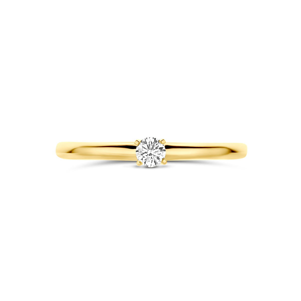 Bovenaanzicht van de 14 karaat geelgouden solitair ring met lab grown diamant 0,10 ct, plat liggend van bovenaf gezien.