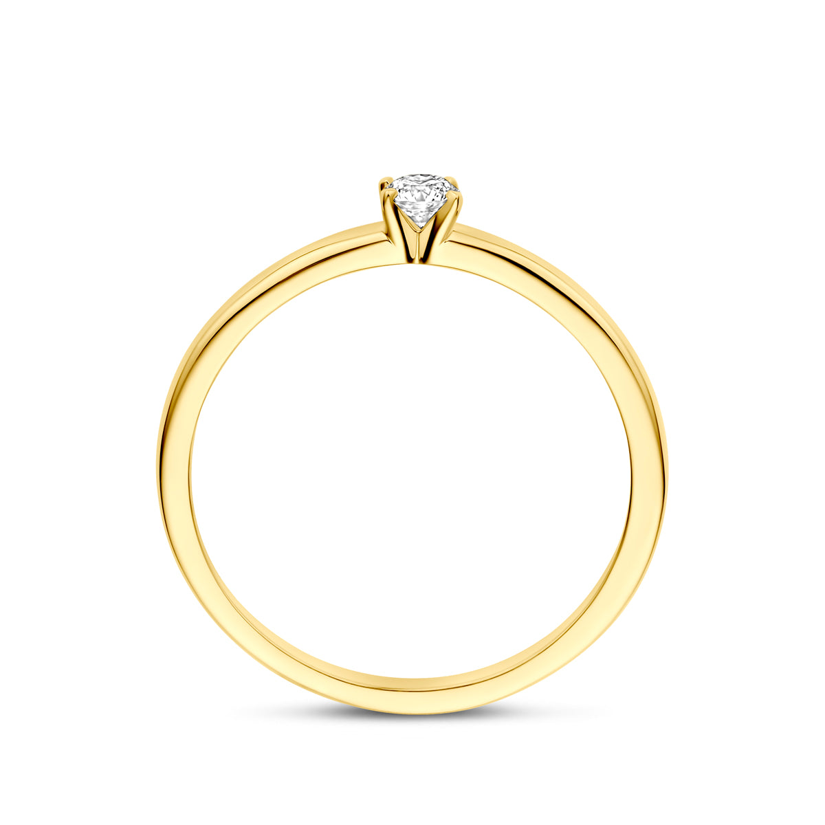Zijaanzicht van de 14 karaat geelgouden solitair ring met lab grown diamant 0,10 ct, zodat het profiel van de ring zichtbaar is.