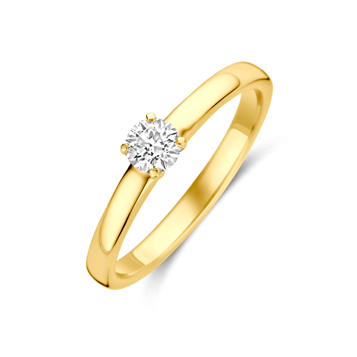 Schuin bovenaanzicht van de 14 karaat geelgouden solitair ring lab grown diamant 0,25 ct.