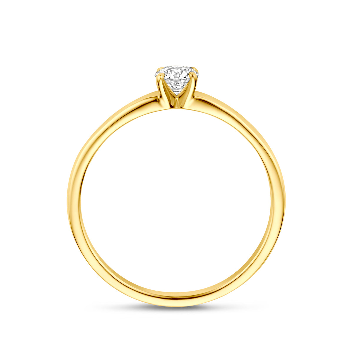 Zijaanzicht van de 14 karaat geelgouden solitair ring lab grown diamant 0,25 ct, zodat het profiel van de ring zichtbaar is.