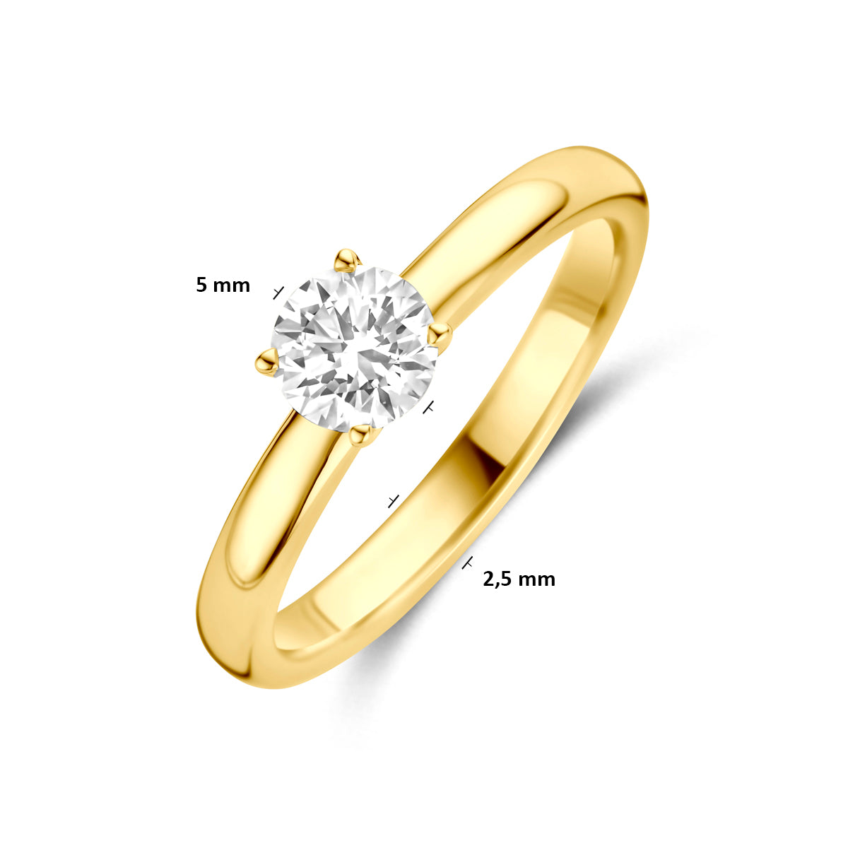 Technische afbeelding van de 14 karaat geelgouden solitair ring met lab grown diamant 0,50 ct met afmetingen, steen van 5 mm doorsnede, ringmaat 16½ tot 18½.