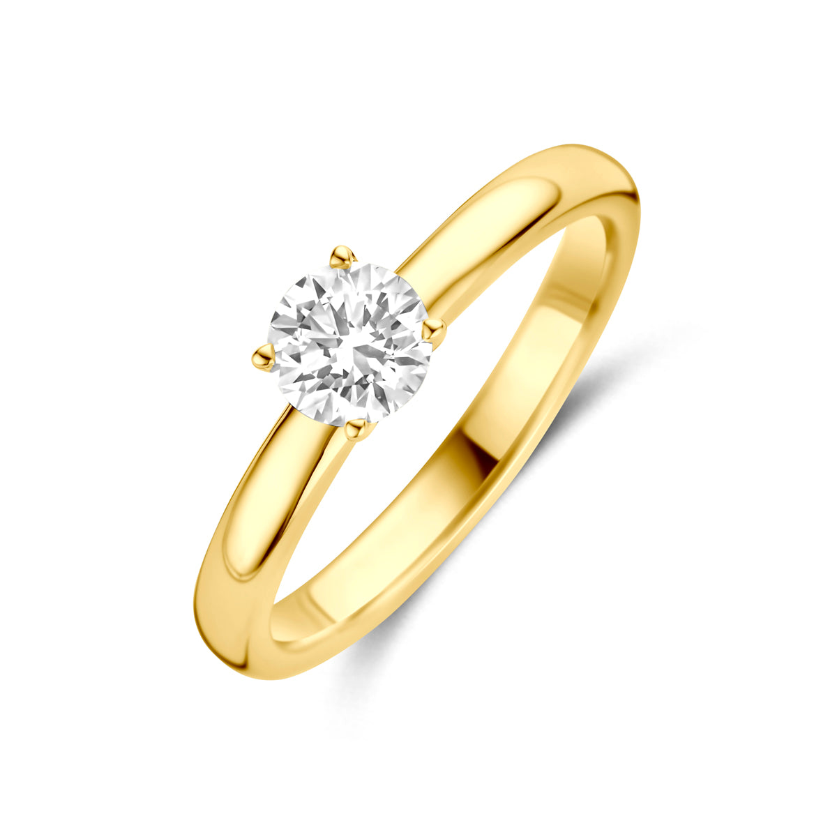 Schuin bovenaanzicht van de 14 karaat geelgouden solitair ring met lab grown diamant 0,50 ct.