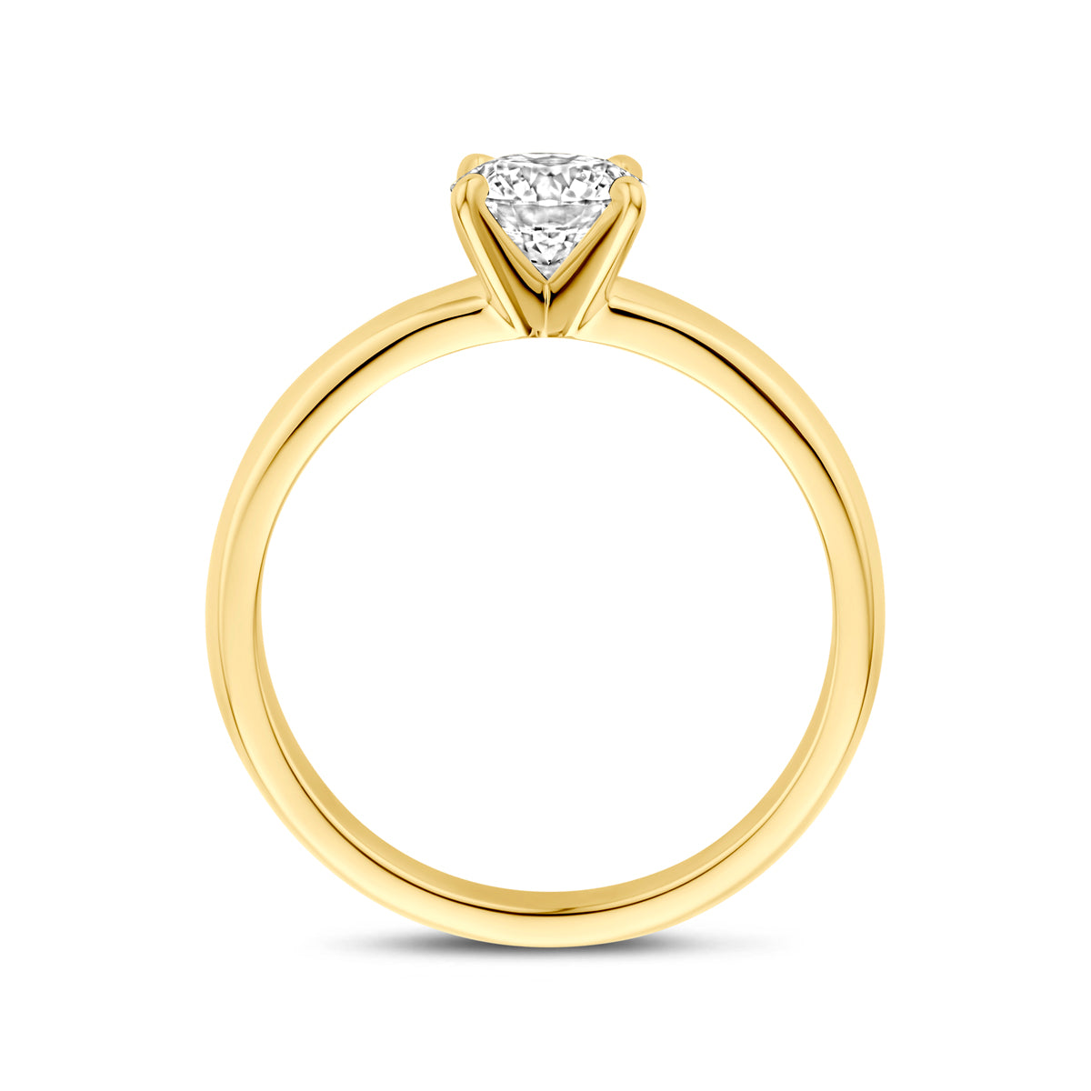 Zijaanzicht van de 14 karaat geelgouden solitair ring met lab grown diamant 0,75 ct, zodat het profiel van de ring zichtbaar is.