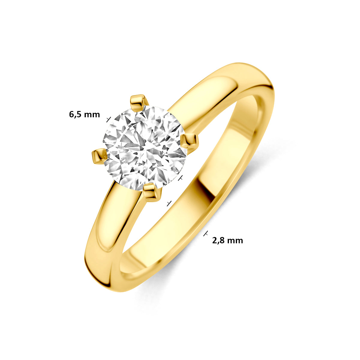 Technische afbeelding van de 14 karaat geelgouden solitair ring met lab grown diamant 1,00 ct met afmetingen, steen van 6,5 mm doorsnede, ringmaat 16½ tot 18½.