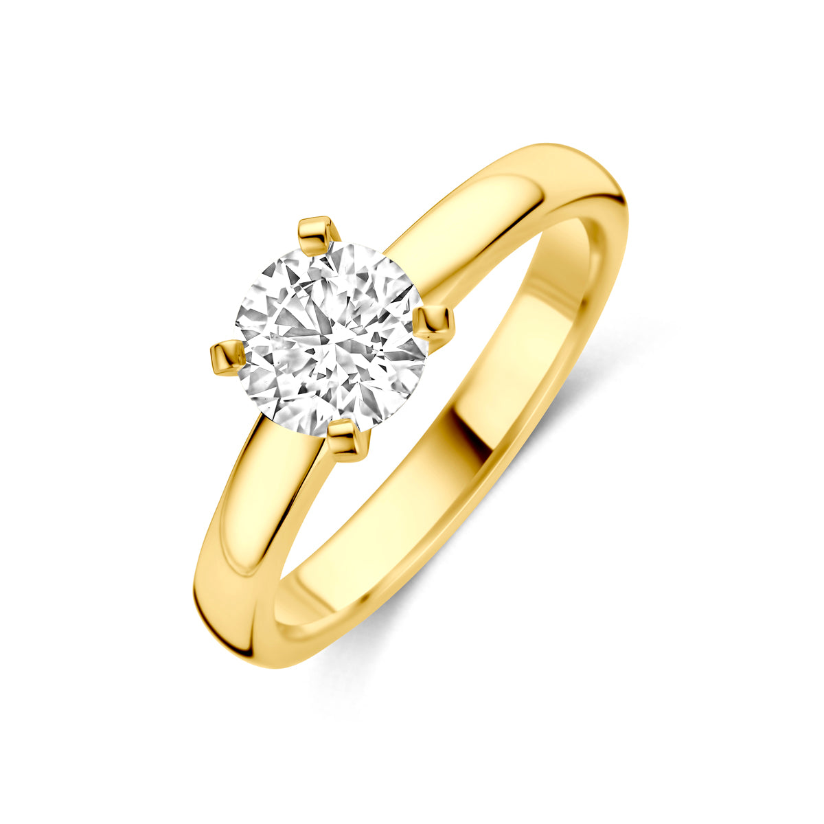 Schuin bovenaanzicht van de 14 karaat geelgouden solitair ring met lab grown diamant 1,00 ct.