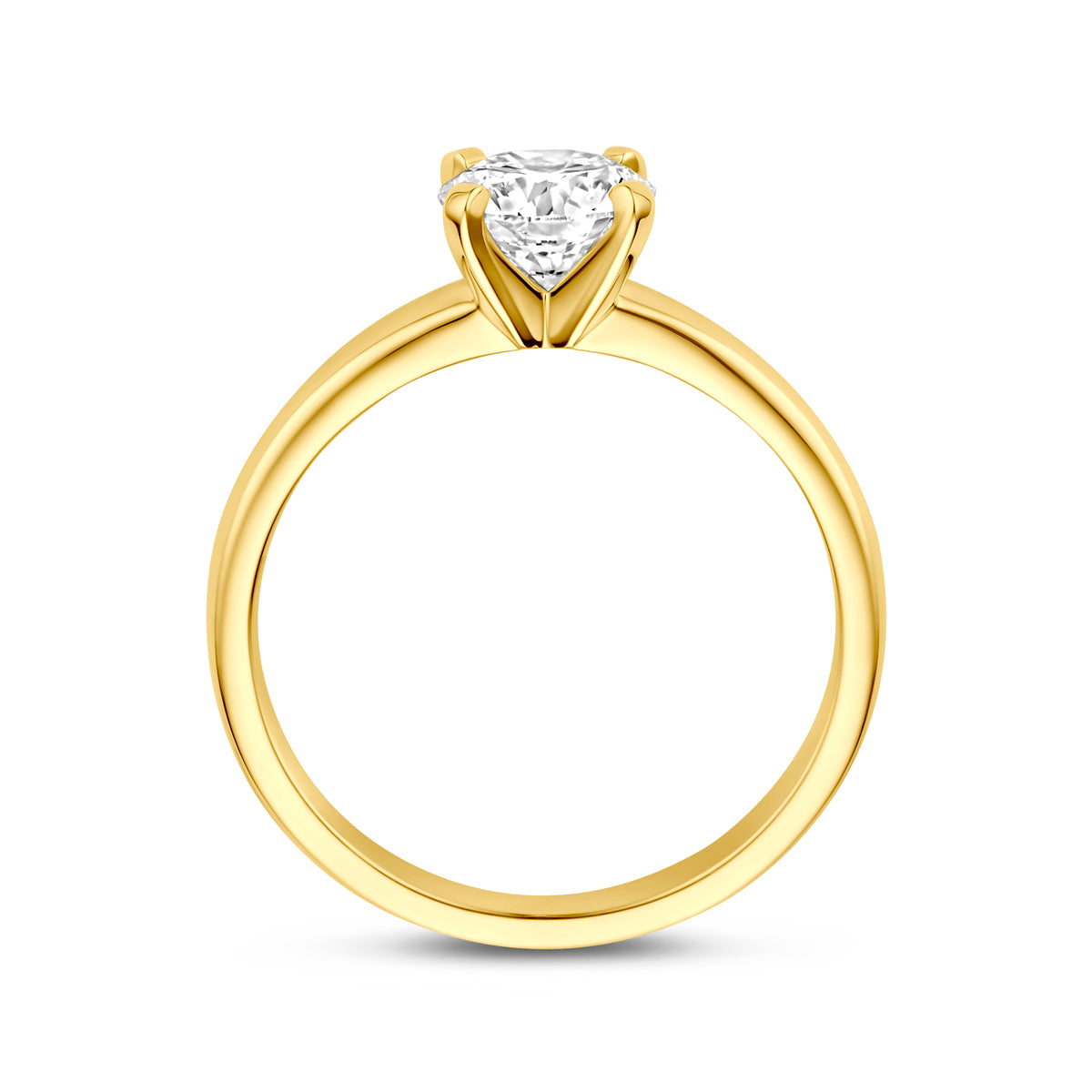 Zijaanzicht van de 14 karaat geelgouden solitair ring met lab grown diamant 1,00 ct, zodat het profiel van de ring zichtbaar is.