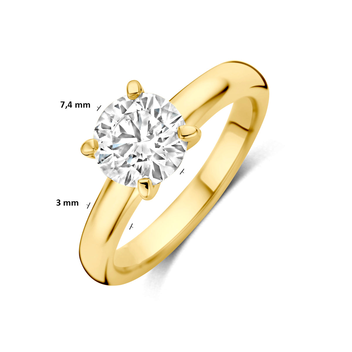 Technische afbeelding van de 14 karaat geelgouden solitair ring met lab grown diamant 1,50 ct met afmetingen, steen van 7,4 mm doorsnede, ringmaat 16½ tot 18½.