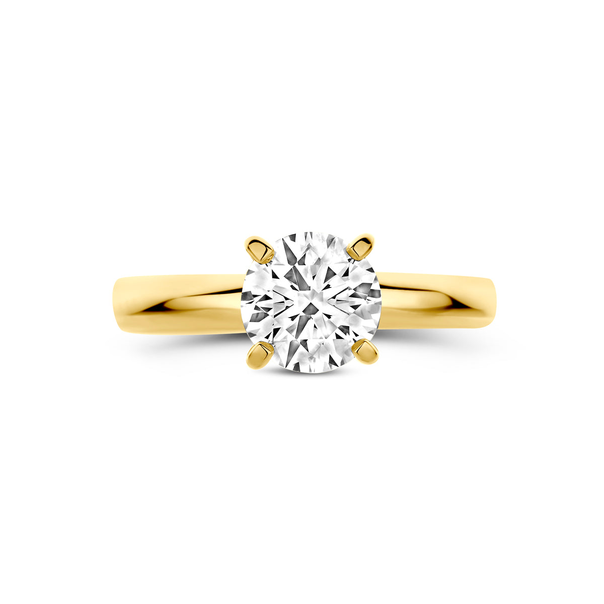 Bovenaanzicht van de 14 karaat geelgouden solitair ring met lab grown diamant 1,50 ct, plat liggend van bovenaf gezien.