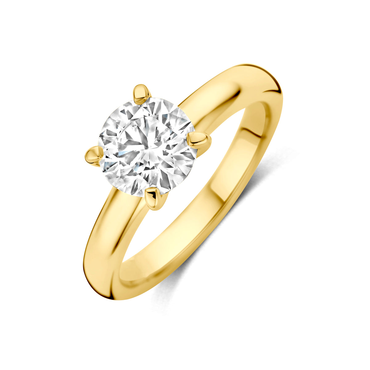 Schuin bovenaanzicht van de 14 karaat geelgouden solitair ring met lab grown diamant 1,50 ct.