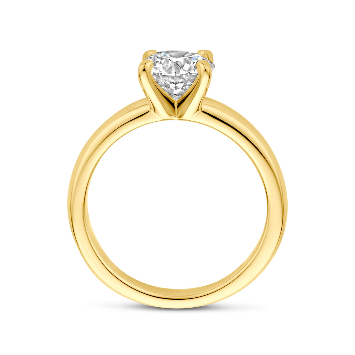 Zijaanzicht van de 14 karaat geelgouden solitair ring met lab grown diamant 1,50 ct, zodat het profiel van de ring zichtbaar is.