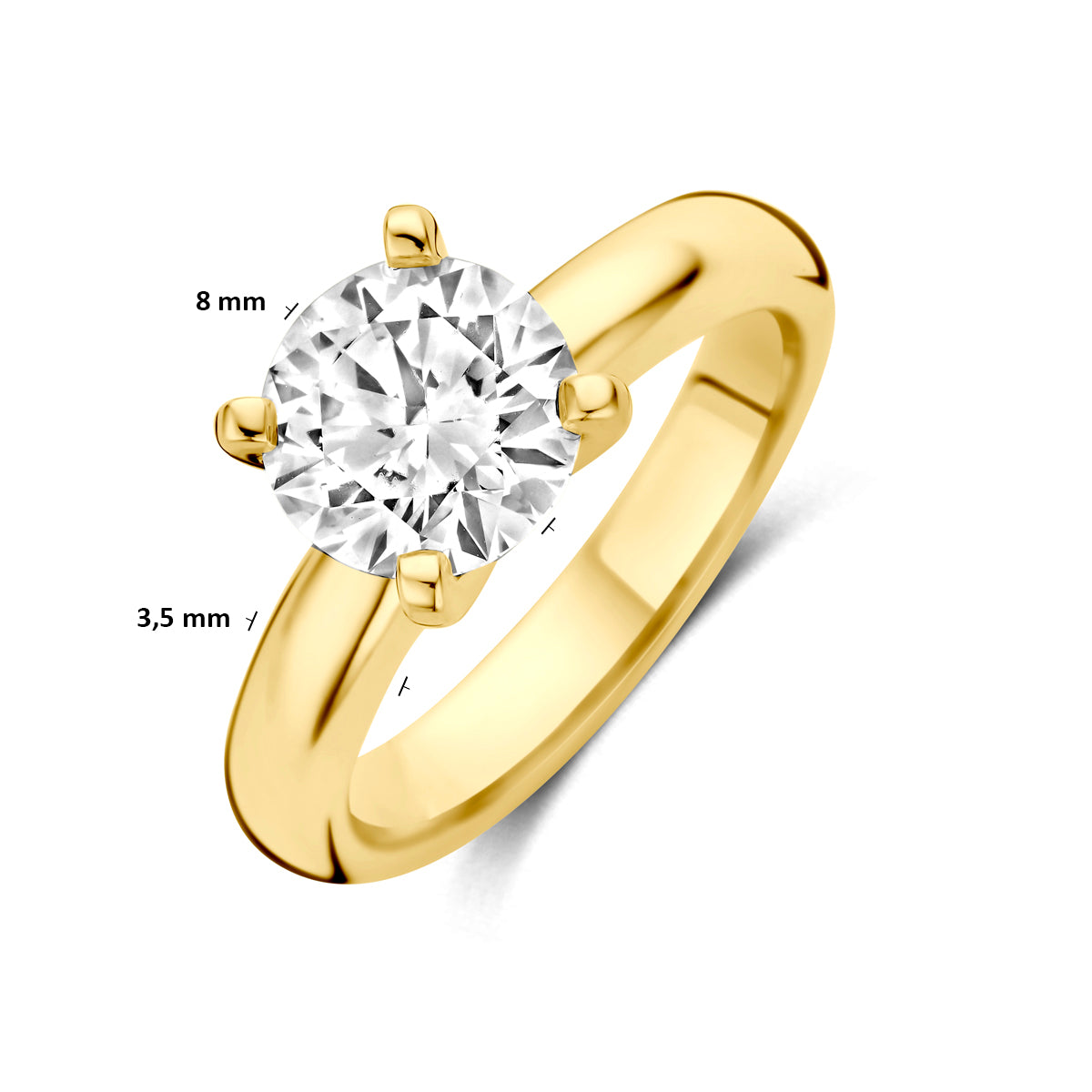 Technische afbeelding van de 14 karaat geelgouden solitair ring met lab grown diamant 2,00 ct met afmetingen, steen van 8 mm doorsnede, ringmaat 16½ tot 18½.